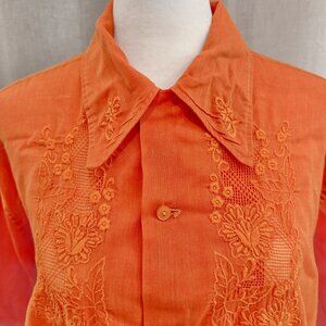 Orange Embroidered Button Down Collared Shirt Mens Size L